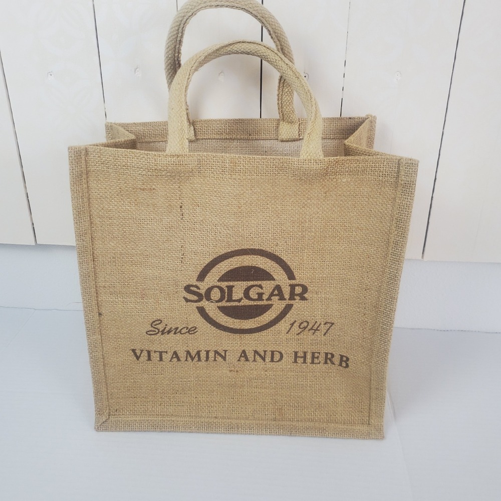 Solgar Vitamin and Herb Jute Burlap Tote Bag Reusable Market Shopper Tan Brown